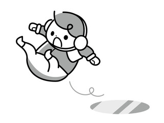 氷で滑る男の子のモノクロイラスト