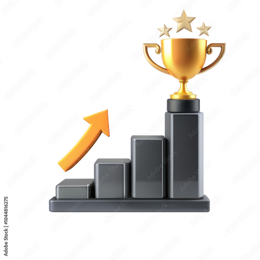 Poster a 3d rendered image depicting a trophy on top of a bar graph showing growth, symbolizing success and