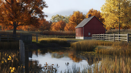 Obraz premium A serene harvest storage area with a small pond nearby, reflecting the beauty of the Thanksgiving season.