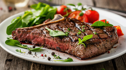 Juicy T bone steak garnished with fresh herbs and served with cherry tomatoes and greens, showcasing delicious meal perfect for meat lovers