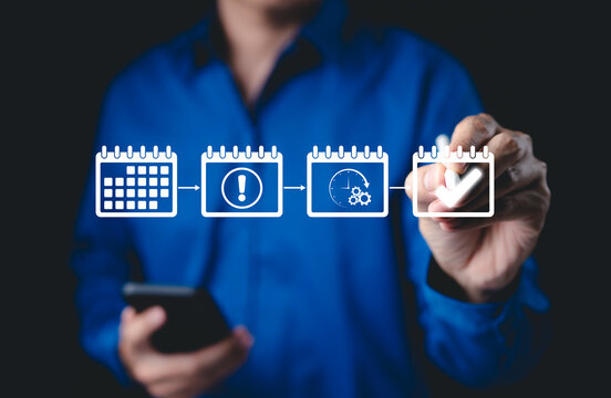 Calendar and agenda scheduling concept. A person interacts with a virtual calendar, organizing tasks and appointments, representing scheduling, task management, time optimization, and agenda meetings.