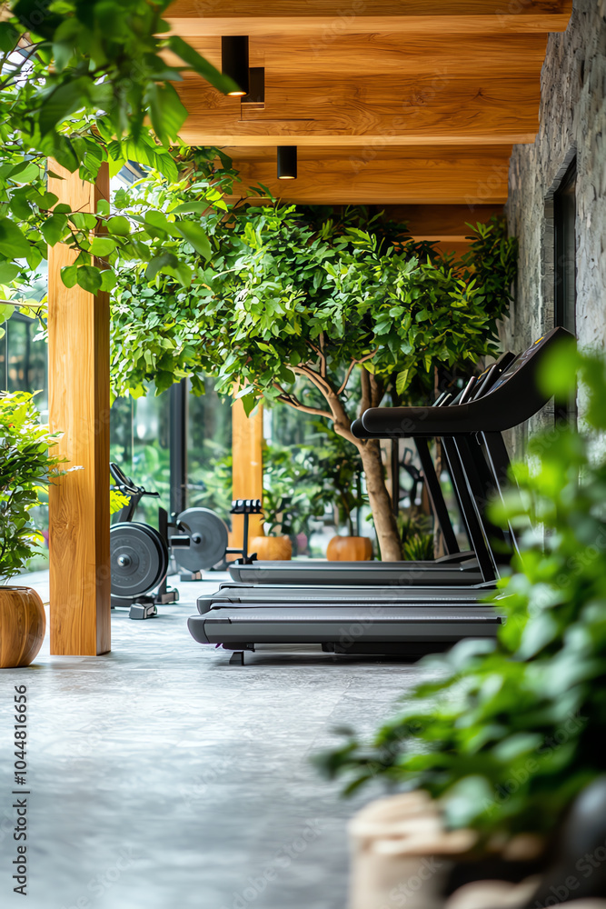 Poster A serene fitness space surrounded by lush greenery merging nature with exercise in a modern setting