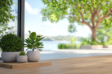 Fototapeta premium A serene indoor garden view with beautiful potted plants and natural light by the waterside