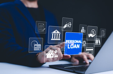 Personal loan and financial services concept. A person interacts with icons financial services,...