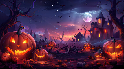 Cartoon Halloween Scene with Pumpkins