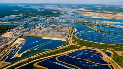 An expansive aerial view of an industrial water treatment facility with large reservoirs and surrounding infrastructure, highlighting the scale of water management and industrial activity in the area.