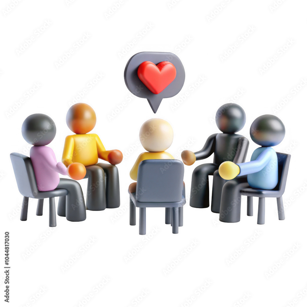 Poster a 3d representation of a diverse group of figures engaged in a discussion, symbolizing inclusivity a