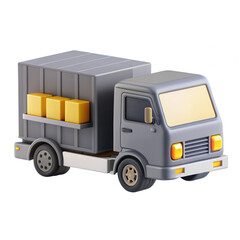 A stylish 3D-rendered delivery truck model showcasing a gray cab and a container with yellow boxes, perfect for icons or illustrations.