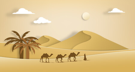 Arabian desert landscape with caravan paper cut style.