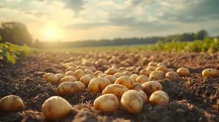Obraz premium Pile of freshly harvested, ripe potatoes scattered on the ground in a picturesque farm field, the morning light casting soft shadows on the earthy landscape