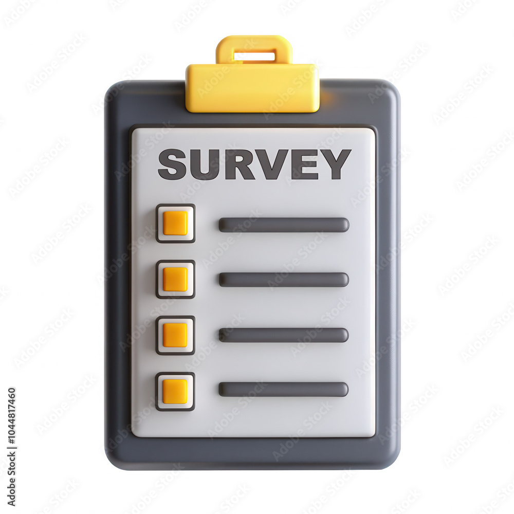 Poster a 3d render of a survey form icon featuring a clipboard with checkboxes, designed in gray and yellow