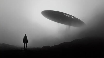 Fototapeta premium Silhouette of a Man Gazing at a UFO in a Foggy Landscape