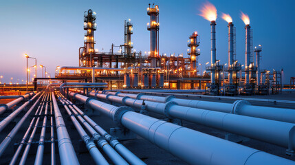 large industrial facility with numerous pipelines and smokestacks, illuminated at dusk, showcasing complexity of modern energy production. scene conveys sense of scale and technological advancement