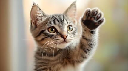 Playful grey tabby cat reaching out from a cardboard box, light beige background, wide banner format, soft shadows, warm and inviting theme