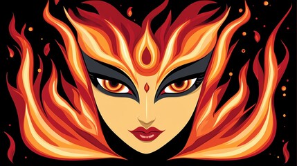 Fiery Woman Face Illustration  Burning Feminine Portrait  Goddess of Fire  Flame Art