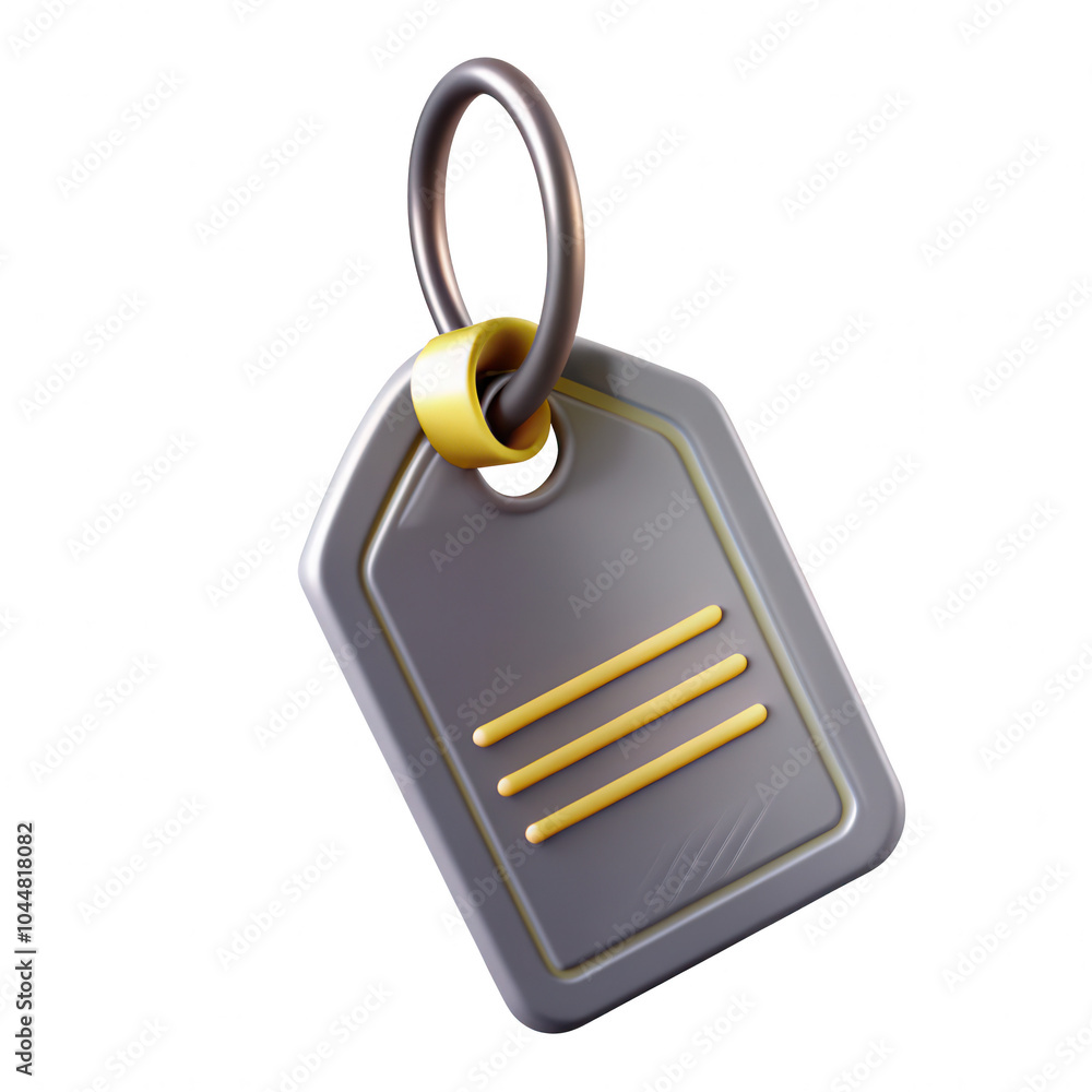 Poster a 3d render of a gray tag icon with a golden ring and embossed lines, isolated on a black background