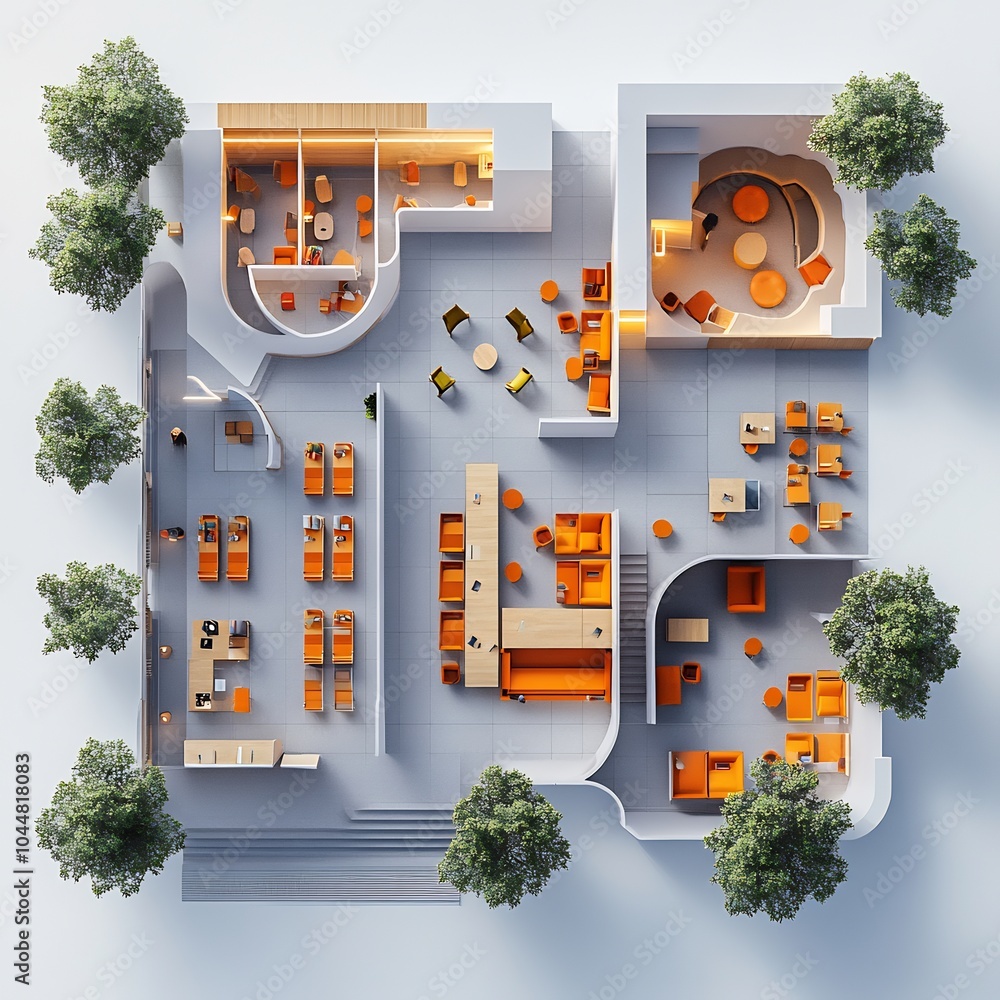 Aufkleber topdown 3d render of a dynamic campus student center featuring lounges for students to relax and mul
