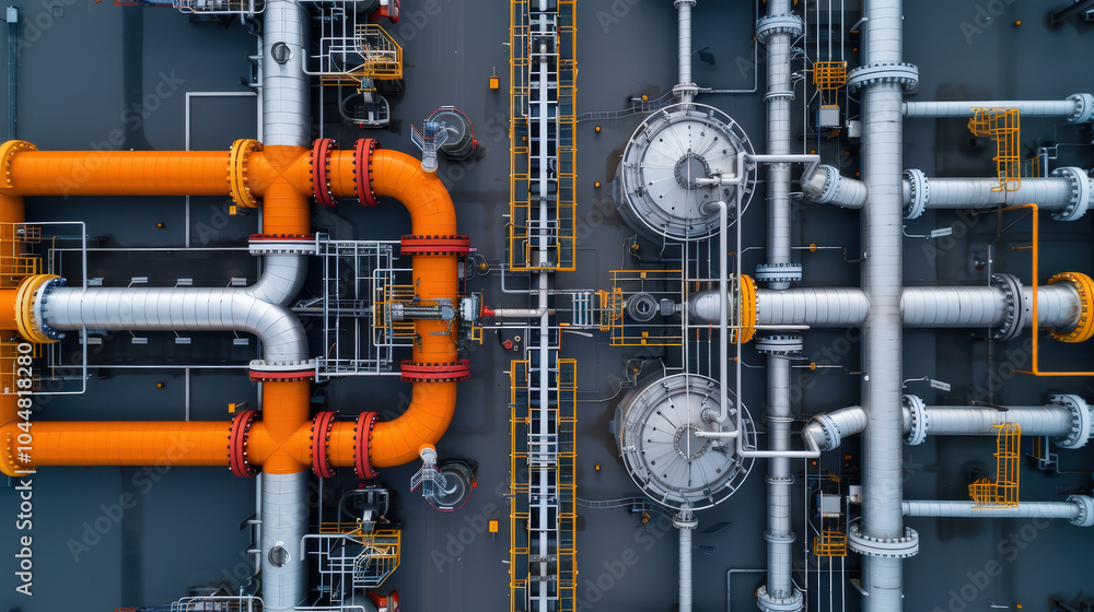 Poster aerial view of complex network of refinery towers and pipelines, showcasing intricate industrial des