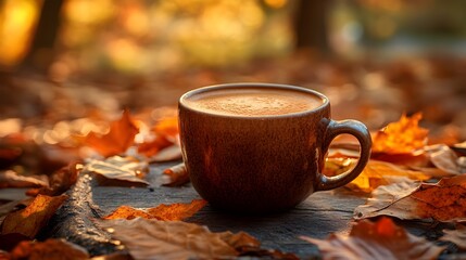 Aromatic coffee in a rustic ceramic cup, framed by warm autumn hues and falling leaves, providing ample room for text in the background