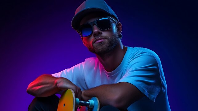 Cool skateboarder in sunglasses and cap sitting with board in neon light. - Powered by Adobe
