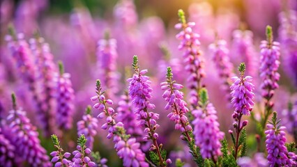 Obraz premium Violet Heather flowers field with small pink lilac petals, shallow depth of field