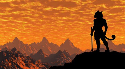 Fototapeta premium Silhouette of a Furry Creature Standing on a Mountaintop at Sunset