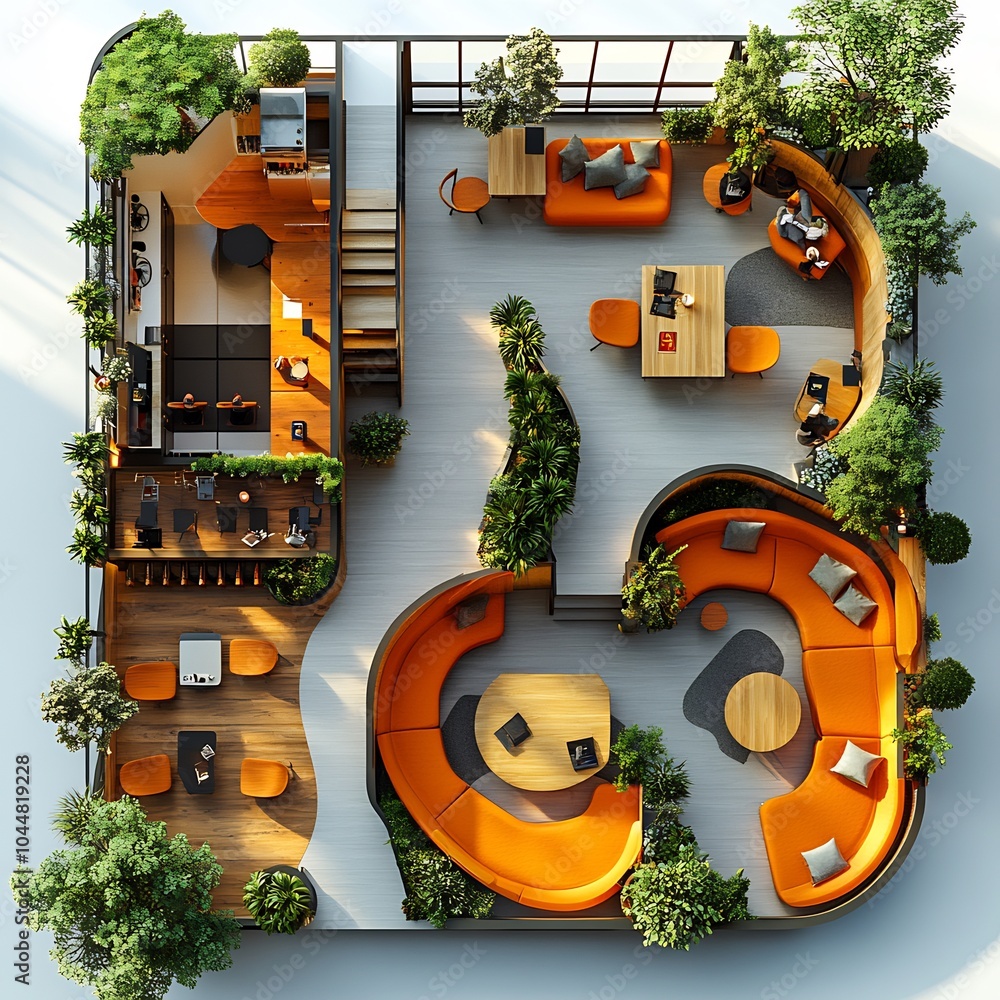 Poster top view 3d render of a vibrant student center featuring cafes and open lounge spaces for student ga