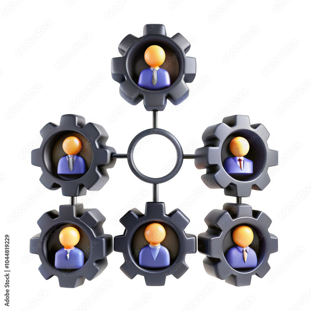 Poster an abstract 3d illustration depicting a teamwork concept with gears and figures in suits, symbolizin