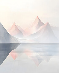 Obraz premium Serene mountain landscape at dawn reflecting on calm waters with soft pastel hues and misty atmosphere