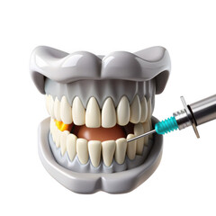 Obraz premium A realistic 3D dental model showing a mouth with teeth and a syringe injecting a dental substance. Ideal for dental education and presentations.