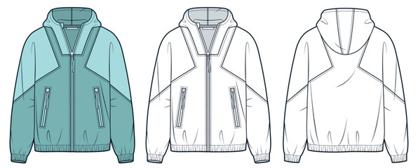 Zipped Jacket fashion design. Hooded Sweatshirt fashion flat technical drawing template, pockets, oversize, front and back view, white, green, women, men, unisex CAD mockup set. © Liubov Hladka