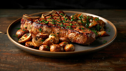 perfectly seared T bone steak served with sauteed mushrooms and vegetables, showcasing delicious and appetizing meal. rich flavors and presentation evoke sense of culinary delight