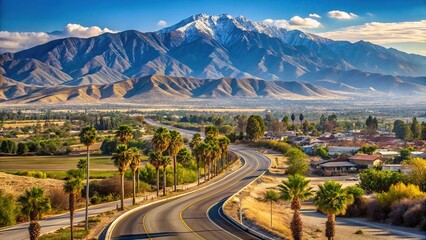 Silhouette of California mountain range with roads and trees in Rancho Cucamonga desert