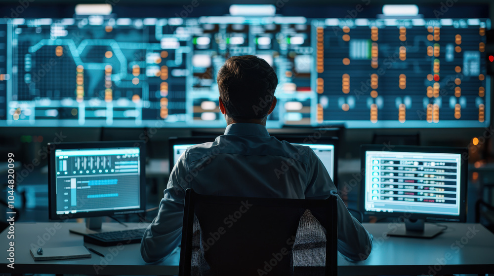 Poster petrochemical engineer monitors multiple screens in control room, analyzing data and managing operat