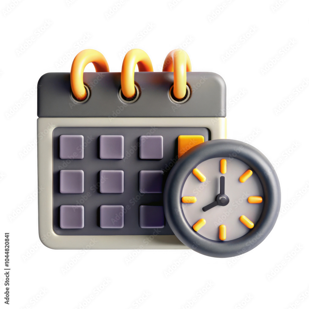 Poster a 3d render of a calendar with a clock, symbolizing time management and scheduling. icon is colorful