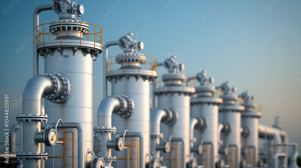 Poster industrial pipes and valves in row, showcasing modern engineering and technology. structures are des