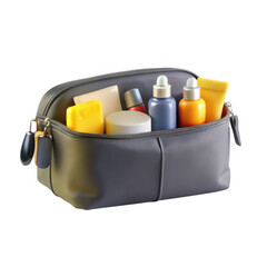 A stylish toiletry bag filled with various cosmetic and grooming products in vibrant colors, showcasing modern design and functionality.