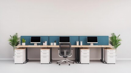 Adaptable office layout with movable desks, 3D design, flat design, side view, open office theme, animation, Triadic Color Scheme