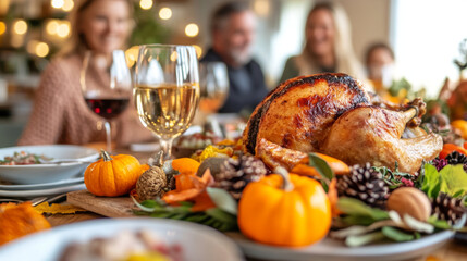 A festive Thanksgiving dinner featuring beautifully roasted turkey surrounded by autumn decorations, pumpkins, and warm atmosphere. Friends and family enjoy meal together, creating joyful memories