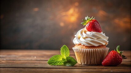 Silhouette of cupcake with whipped cream, strawberries, mint leaves on kitchen table in warm light