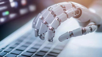A robotic hand interacts with laptop keyboard, showcasing advanced technology and innovation in automation. This image captures essence of modern robotics and its integration into daily tasks