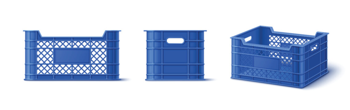 Blue plastic crate box. Fruit and vegetable empty basket for storage. Market container for food packaging and delivery in supermarket. Cargo warehouse tray for farming grocery transportation mockup
