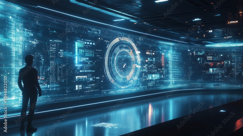 Poster man observes a glowing digital interface with holographic elements in a modern, futuristic setting.