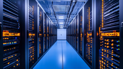 A modern data center with rows of server racks illuminated by bright LED lights, showcasing advanced technology and infrastructure. atmosphere is high tech and efficient, reflecting digital age