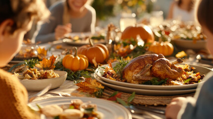 A festive Thanksgiving dinner featuring beautifully roasted turkey at center of decorated table. Surrounded by autumn leaves, pumpkins, and delicious side dishes, scene captures warmth and joy of fami