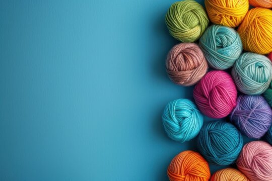 Colorful yarn balls arranged on a blue background for crafting and knitting activities