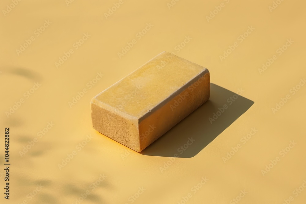 Poster yellow rectangular block resting on a solid yellow surface with subtle shadows at midday
