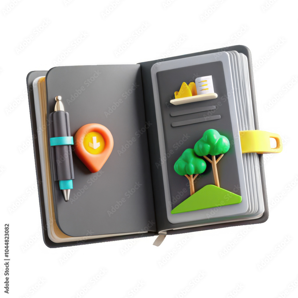 Poster a 3d render of an open notebook featuring fun stationery items like a pen, a location pin, and vibra
