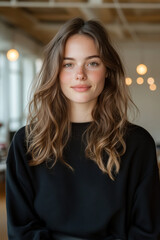 Obraz premium young woman with long, wavy hair and natural look, wearing black sweater, stands in bright, modern interior filled with soft lighting. Her expression is calm and inviting, creating warm atmosphere