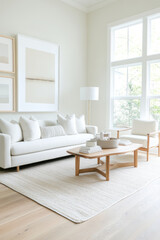A bright and airy interior featuring cozy white sofa adorned with plush pillows, stylish wooden coffee table, and minimalist armchair. large windows allow natural light to fill space, creating serene